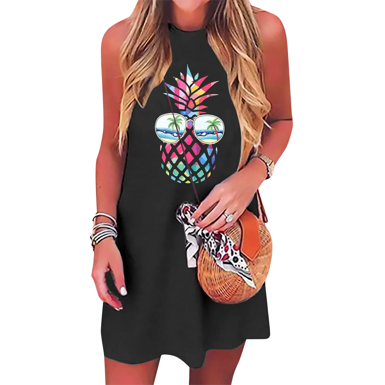 

New Fashion Women Summer Tank Dress Funny Printed O-Neck Sleeveless Short Dresses Summer Beach Holiday Casual Dress Vestidos
