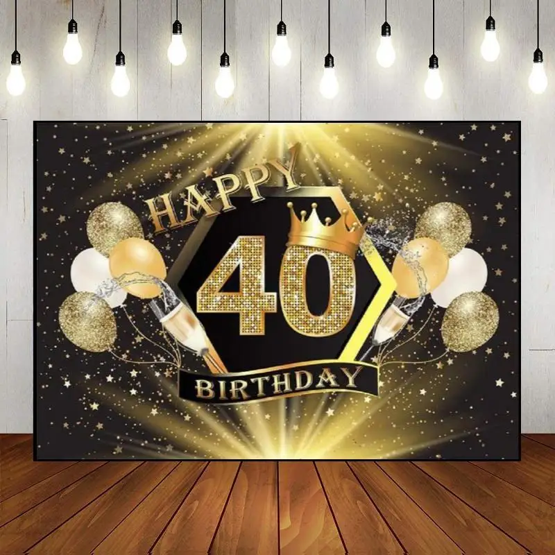 Happy 40th Birthday Photography Backdrop Balloon Background Banner Party Wall Man Woman 40year Decoration Photo Custom Golden