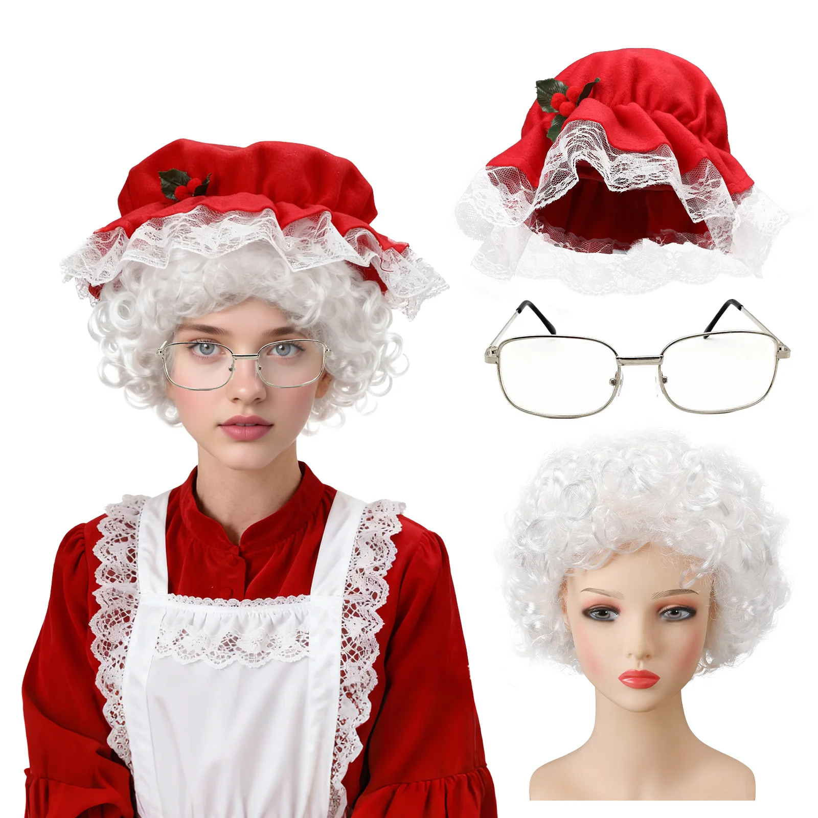 

Christmas Mrs Claus Hat Old Lady Wig Santa Wig Glasses Set for Cosplay Costume Party Claus Dress Up Party