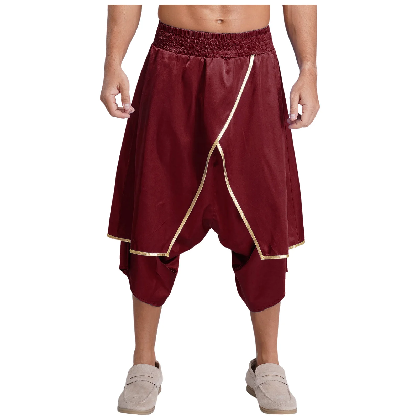 

Men Arab Hippie Harem Pants Irregular Overlay with Metallic Trim Widen Loose Lantern Pants Satiny India Dhoti Cosplay Pants