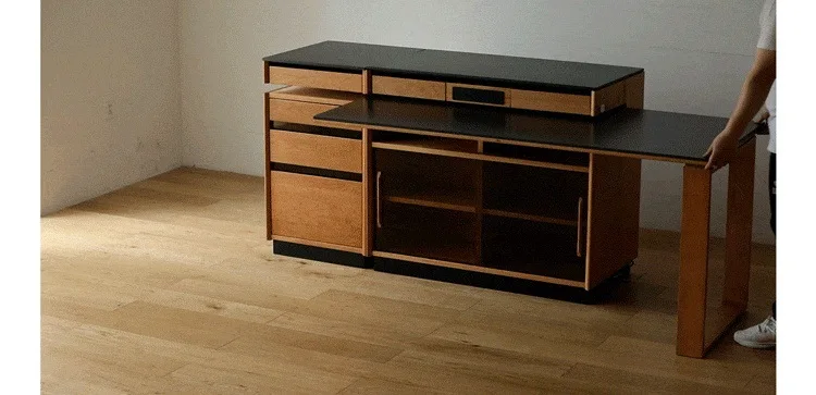 Solid Wood Island Dining Table with Integrated Rotating Japanese Rock Slab Small Apartment Bar Counter Telescopic Storage