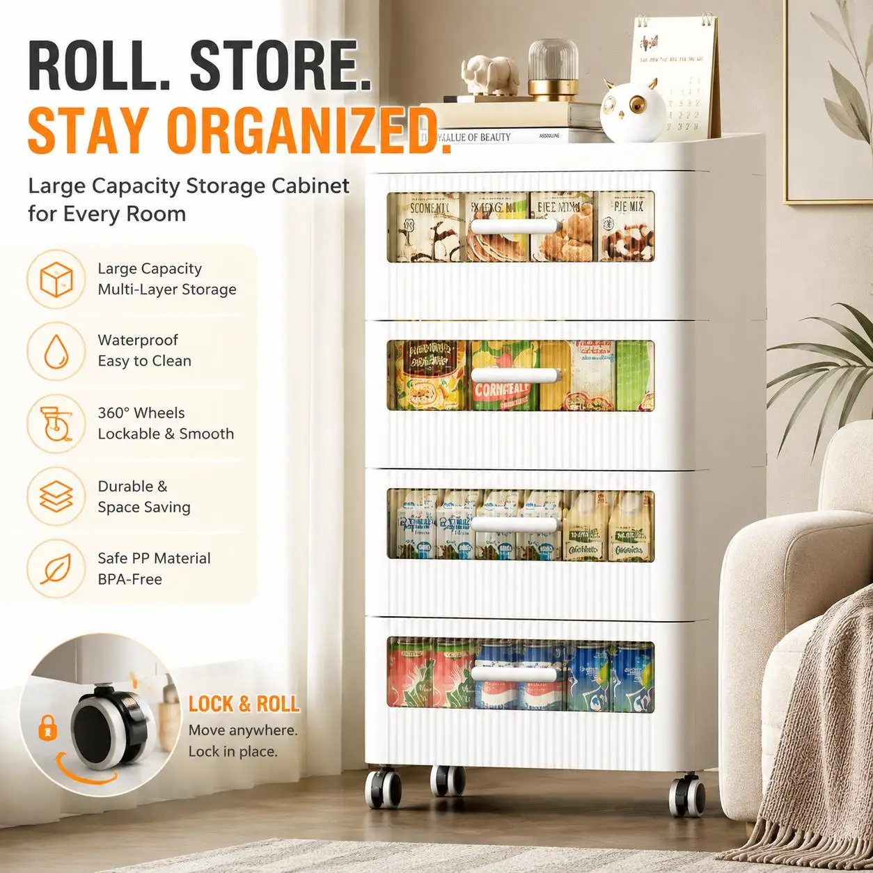 Rolling Storage Cabinet with Drawers, Large Capacity Home Organizer with Lockable Wheels, Waterproof PP Storage Unit, Space Saving Cabinet for Kitchen Pantry Bedroom Living Room Office Dorm Organization