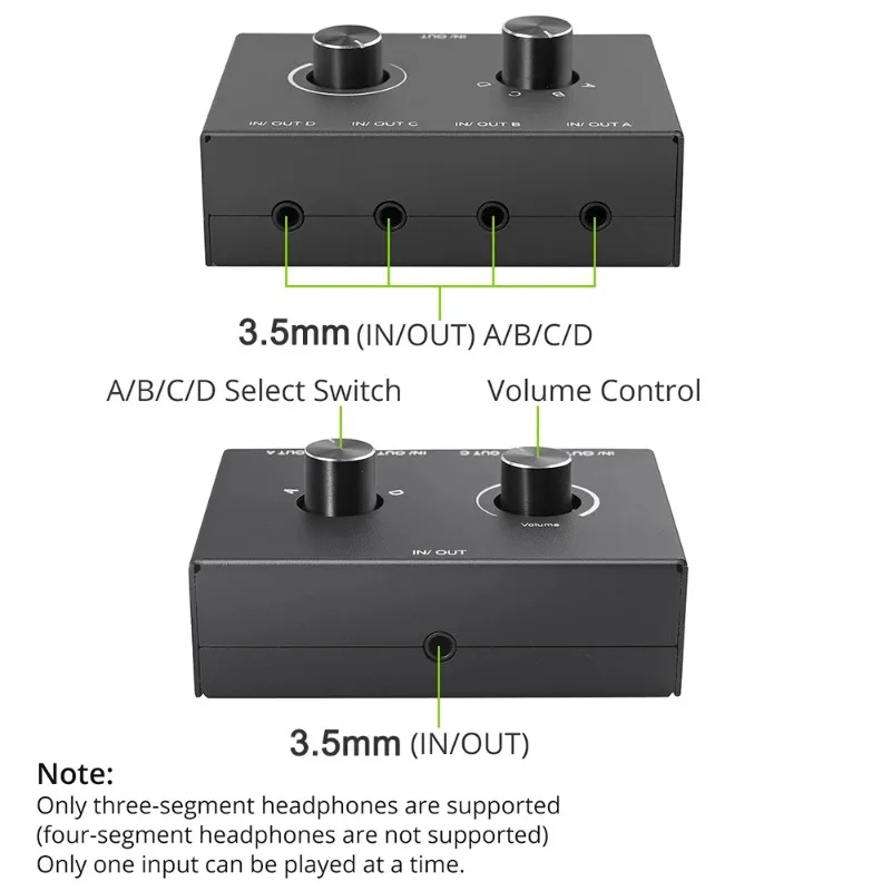 Audio Switcher Stereo Bi-Directional Audio Switch Splitter Box 4 Way 4 In 1 Out / 4 In 1 Out with Mute Button
