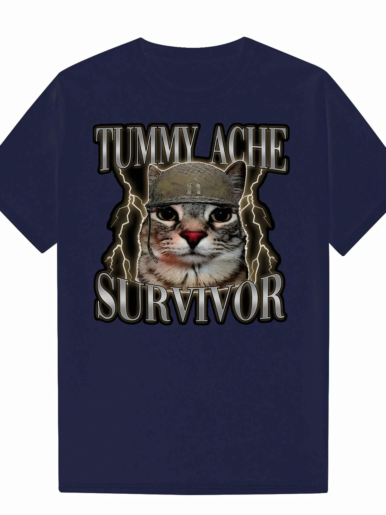 Men's Summer Casual Graphic T-Shirt Funny Cat Military Design with Tummy Ache Survivor Slogan Men's T-Shirt Black Cotton Tee