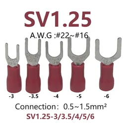 50PCS SV1.25-3/4/5/6 Insulated Terminal Cable Lug For Wire 0.5-1.5mm² AWG#22-#16 Brass Connector Electrical Crimp Terminal