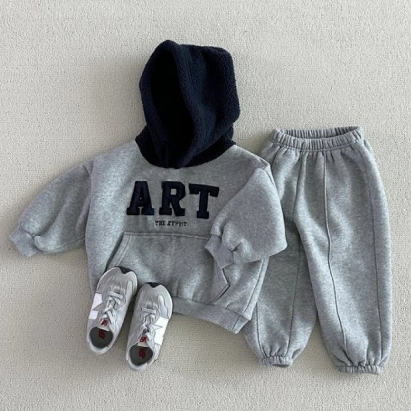 1 2 3 4 5 6 Years Baby Boys Clothing Set Autumn Winter New Patchwork Plush Thick Warm Hoodie+Pants 2Pcs For Boys Casual Outfit