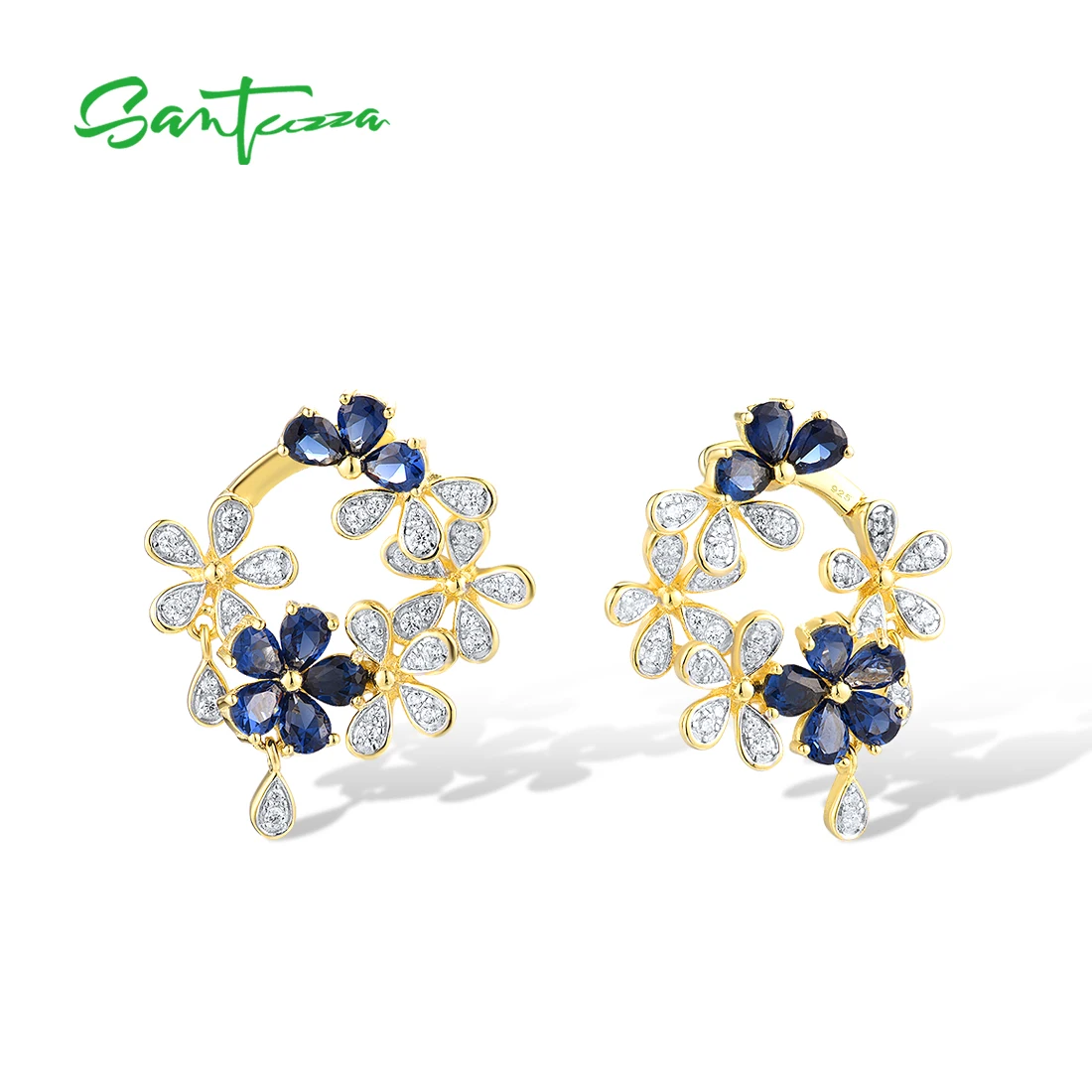 

SANTUZZA Genuine 925 Sterling Silver Earrings For Women Sparkling White CZ Blue Spinel Flower Exquisite Wedding Fine Jewelry