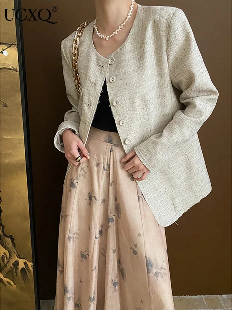 

UCXQ винтажный пиджак, новый китайский стиль, нерегулярные пуговицы с круглым вырезом, универсальная элегантная тканая куртка для женщин, весна-осень 2024, C1264