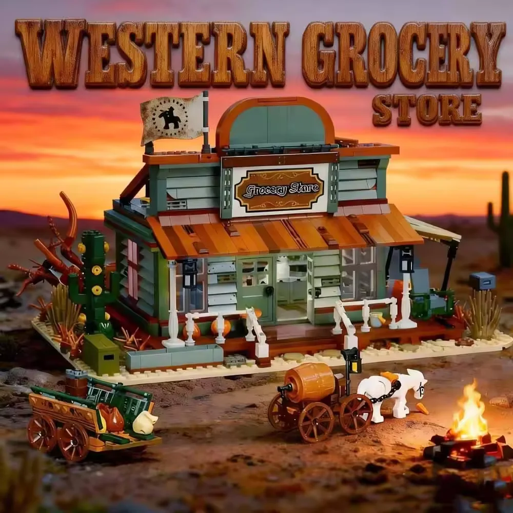 Klemmbausteine 1827-teiliges Mittelalterliches Western-Cowboy-Lebensmittelgeschäft Baustein-Set, Lehrreiches Montagemodell, Kreative Spielzeug-Bausteine, Themen-Geschenk für Erwachsene