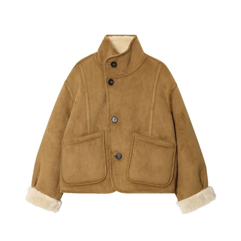 

Suede Plush Both Sides Women's Coat Jacket Single Breasted Stand-Up Collar Pockets Female Jackets Autumn Loose Solid Coat Ladies