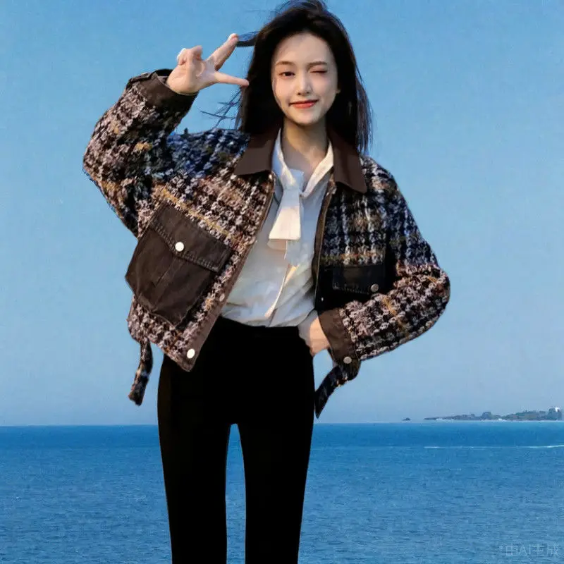 冬用の新しい綿入り厚手のデニムチェックツイードショートトップ、女性用、コート付き、ファッショナブルで高級感がありエレガントです。