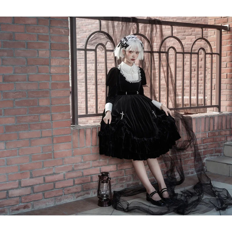 Gothic Lolita Dress Girl OP Lace Women Cross Pattern ricamo Cosplay Party manica lunga Nun Sister Punk Prom Summer Black