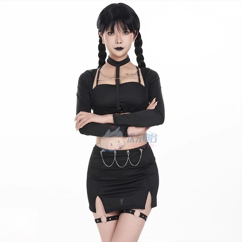 Movie Wednesday Addams Cosplay Black Gothic Bikini Swimwear Sling Bra Skirt Jacket Beach Pool Party Swimsuit Halloween Costumes