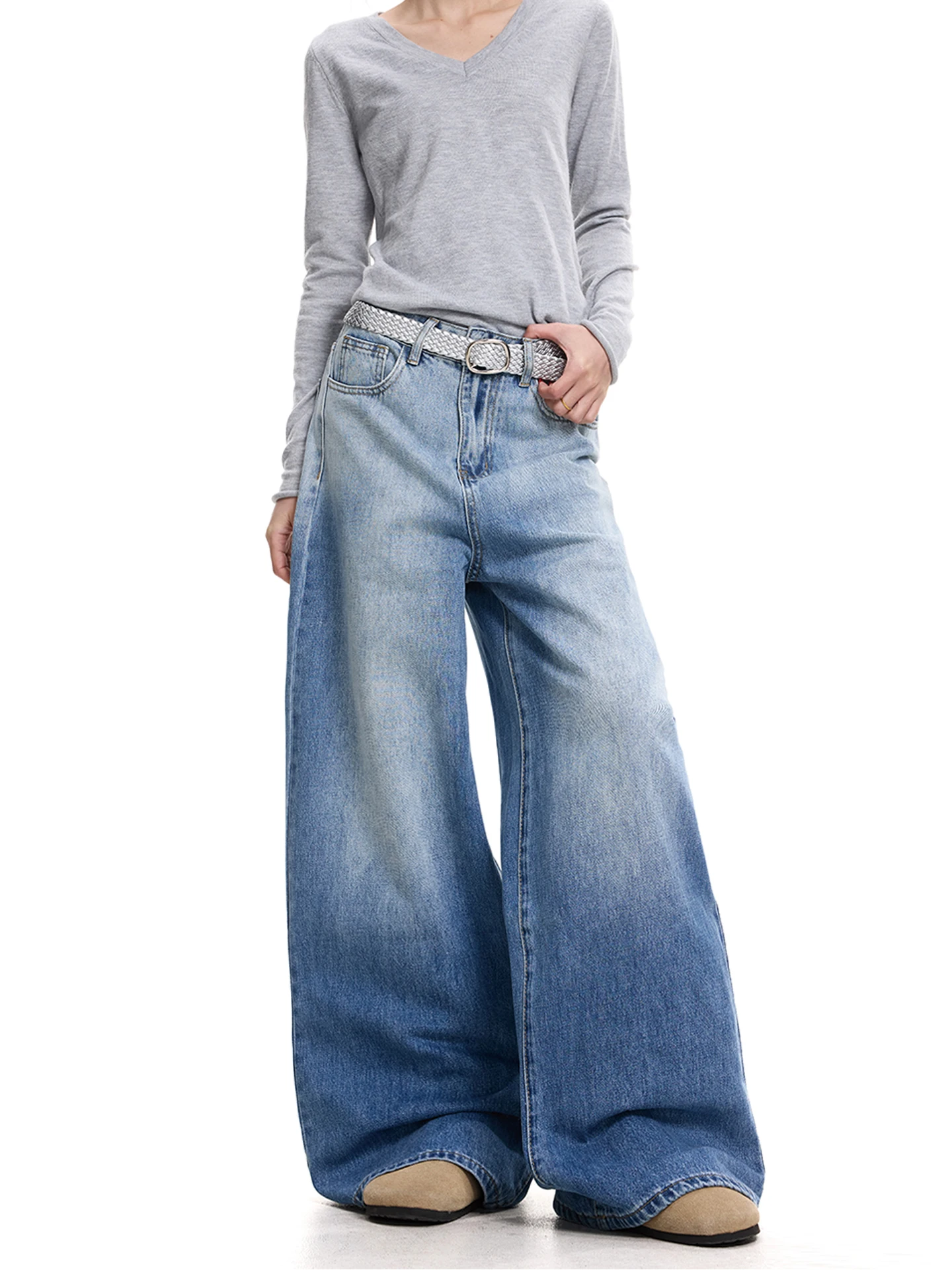 

American Sle Waed adient Blue Wide Leg Jeans Retro Faded Design Slimming Straight Floor-Length Pants Casual Wear