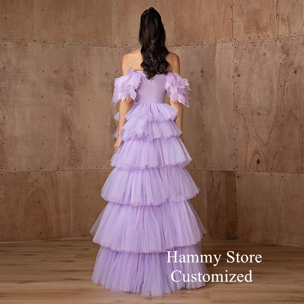 Tiered Tulle Lilac Evening Dress Customized Off The Shoulder Floor Length Saud Arabian Party Gown Wedding Party Dresses