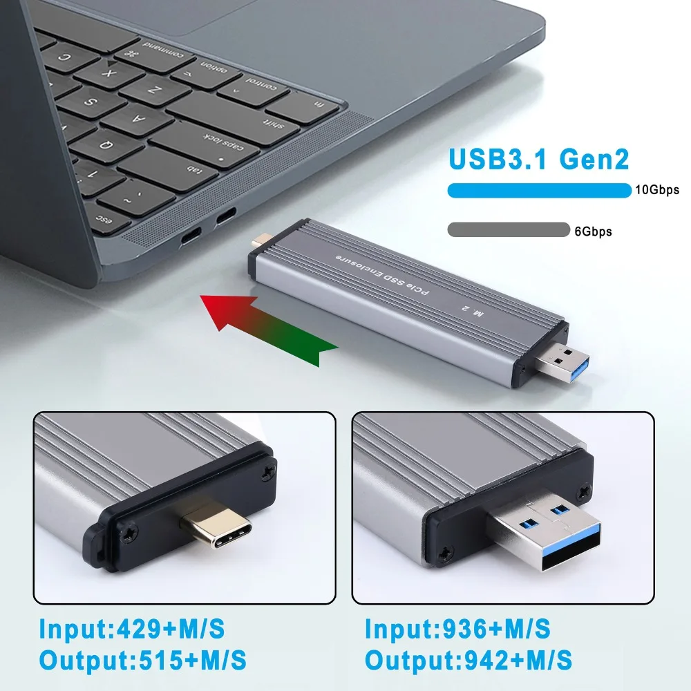 Aluminum Alloy M.2 NVMe SSD Enclosure Dual Connector Type C PCIe SSD Enclosure (Not Inclube Hard Disk) USB3.2 Gen2 Enclosure