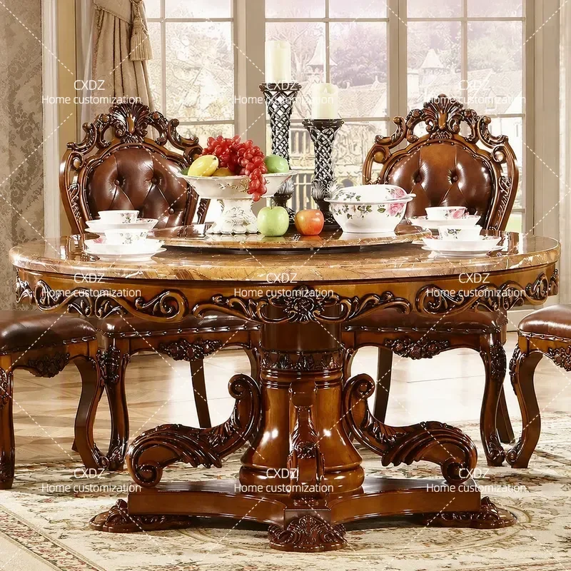 Round Dining Table Solid Wood Carved Neoclassical Style Marble Top for Living Room and Dining Room Furniture Home Decor