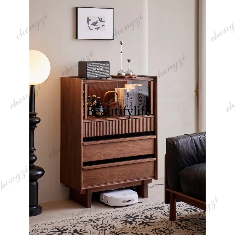 Black walnut retro side cabinet, antique magazine display cabinet, floor-to-ceiling entrance locker