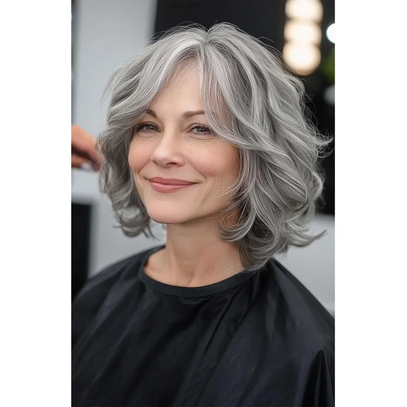 Balayage Silver Gray with Blonde Highlight Bob 100% Human Hair Lace Front Wigs