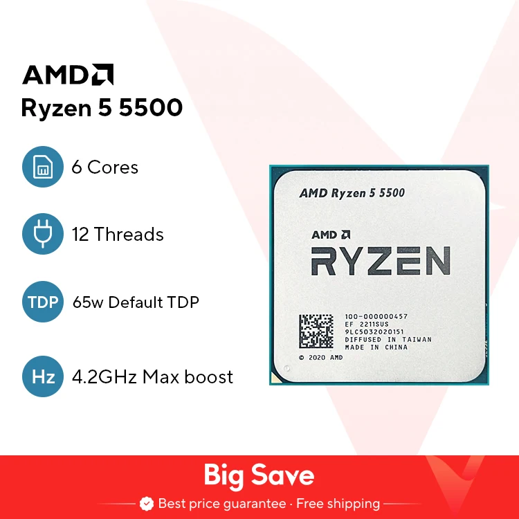 Processeur AMD Ryzen 5 5500 R5 5500 3.6 GHz, 6 c?urs, 12 fils, 7NM L3 = 16M 100-000000457 Socket AM4, sans ventilateur
