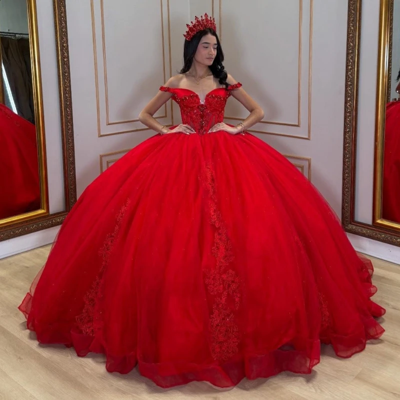 

Red Shiny Quinceanera Dresses Ball Gown Off The Shoulder Applique Lace Beads Tull Corset Party Birthday Sweet 16 Dress Vestidos