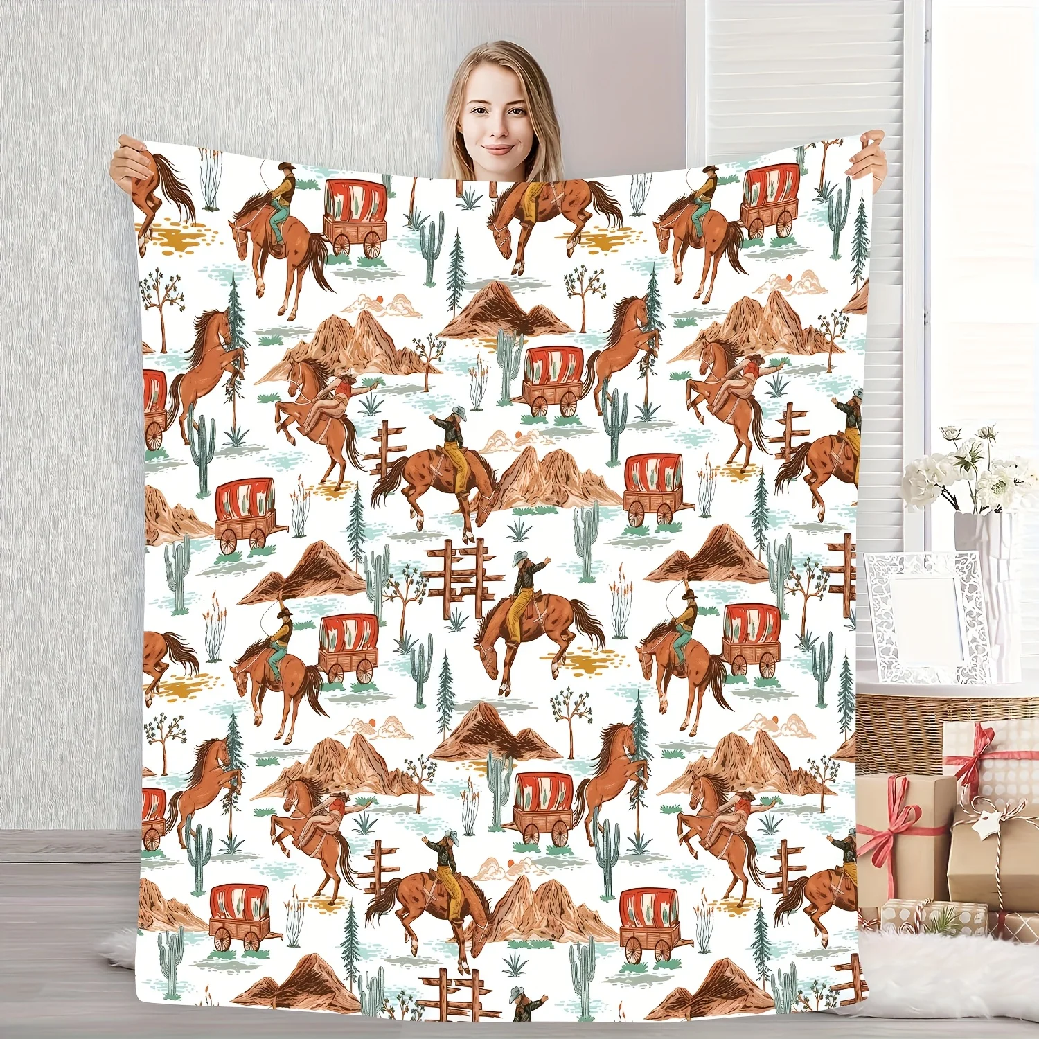 Wild Frontier Flannel Throw Blanket Soft Cowboy Theme Design All Season Cozy Comfort for Western Decor Gift