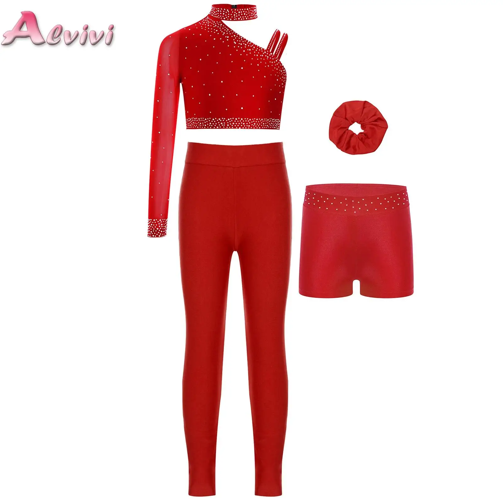 

3Pcs/4Pcs/Set Kids Girls Dance Outfit Sparkly Rhinestones Crop Top with Shorts Hairband/Leggings for Figure Skating Gymnastics