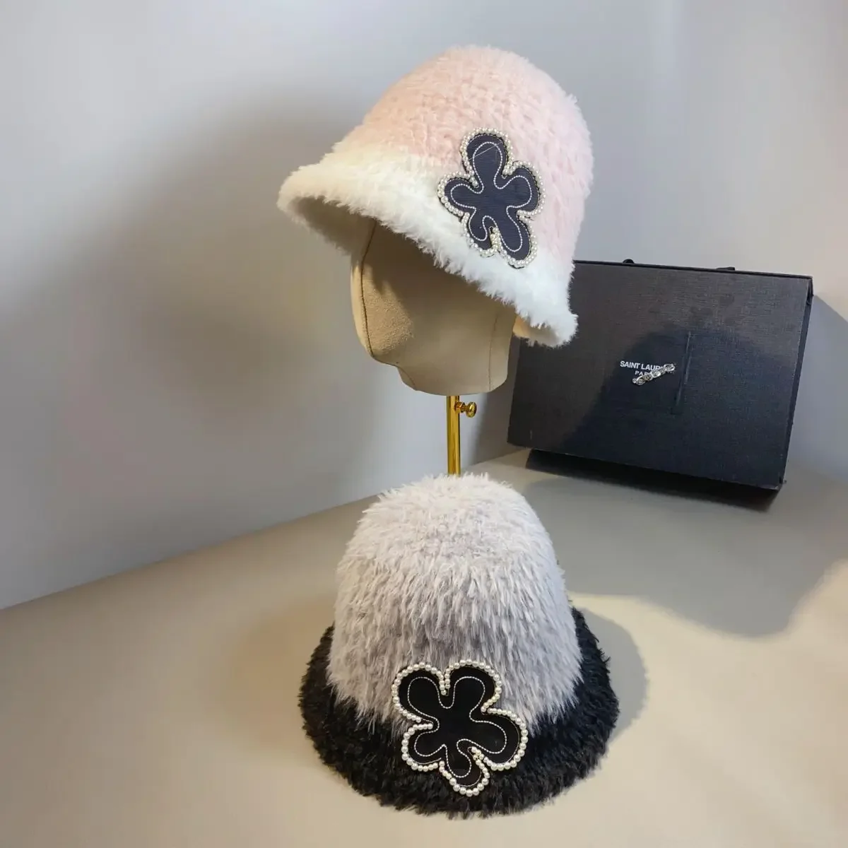 Nordic Winter Plush Wool Thickened for Warmth, Outdoor Knitted Large End Basin Hat, Handmade Flower Patchwork Fisherman Hat