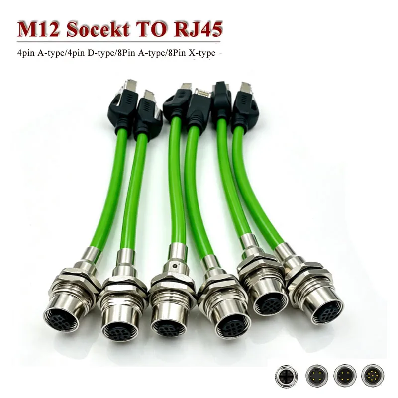 M12 A-type Panel Front Socket to RJ45 Panel Rear Male Female Aviation Plug Head to RJ45 Wire A/D/X-Code Industrial Network Cable