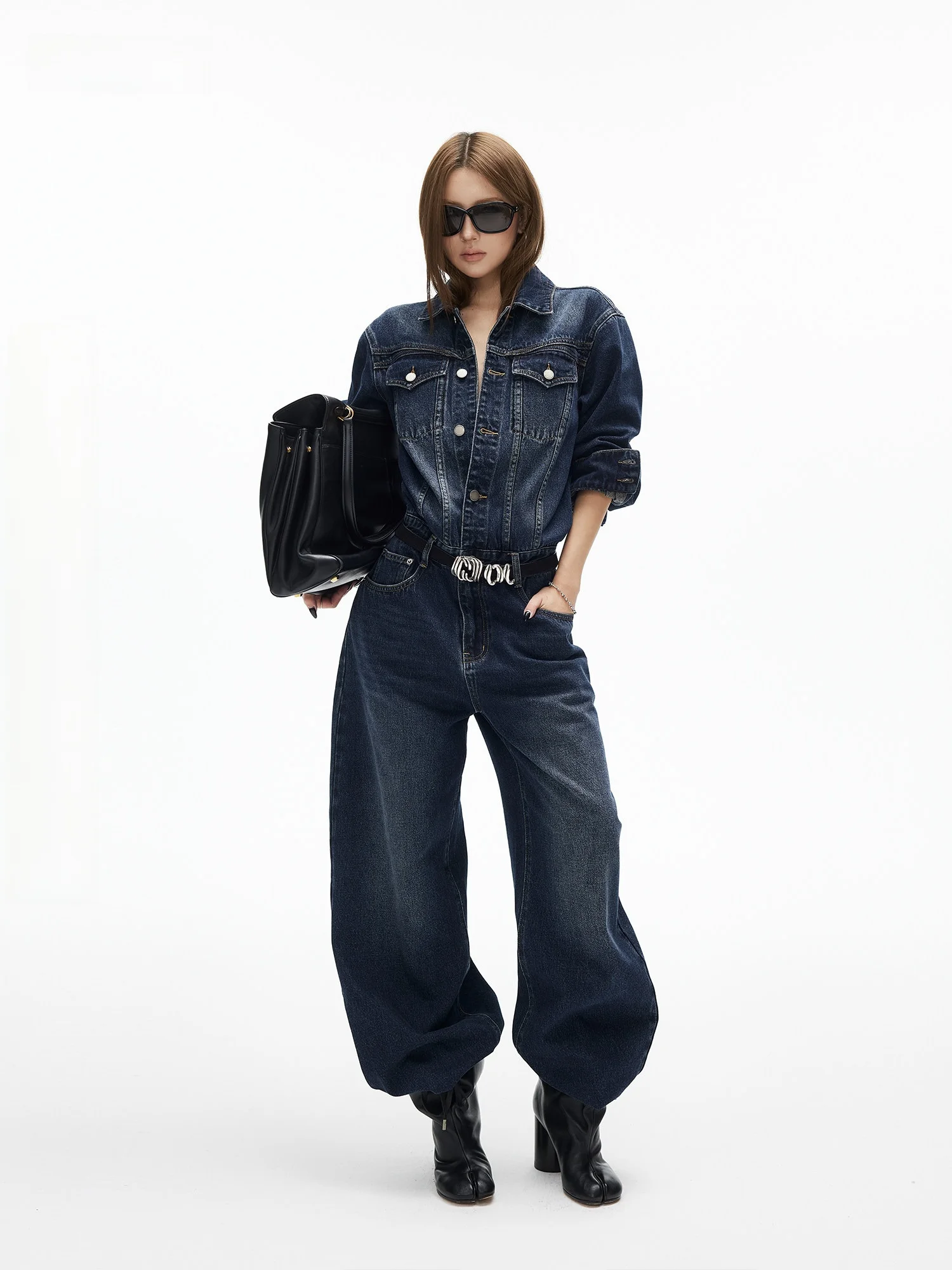 

Винтажный джинсовый комбинезон из хлопка с высоким содержанием хлопка, оригинального цвета, с эффектом потертости, с воротником, цельный, в стиле ретро