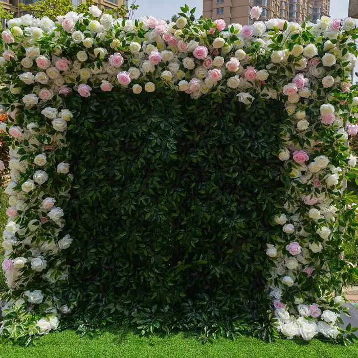 

3D pink and white roses and green grass rolled fabric artificial plant flower wall wedding background decoration birthday layout