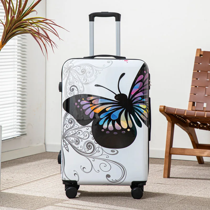 Mala de viagem com estampa de borboleta, mala de viagem com rolamento de grande capacidade de 20 polegadas com trava com senha para férias e viagens de negócios