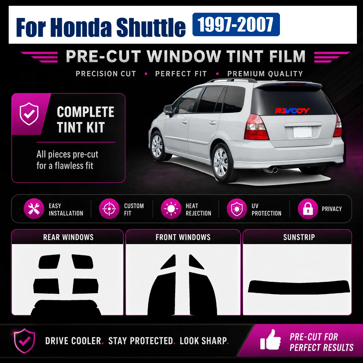 For Honda Shuttle 1997-2007 Privacy Tint Film Pro-Grade Front Window Rear Window Removable Reusable Film