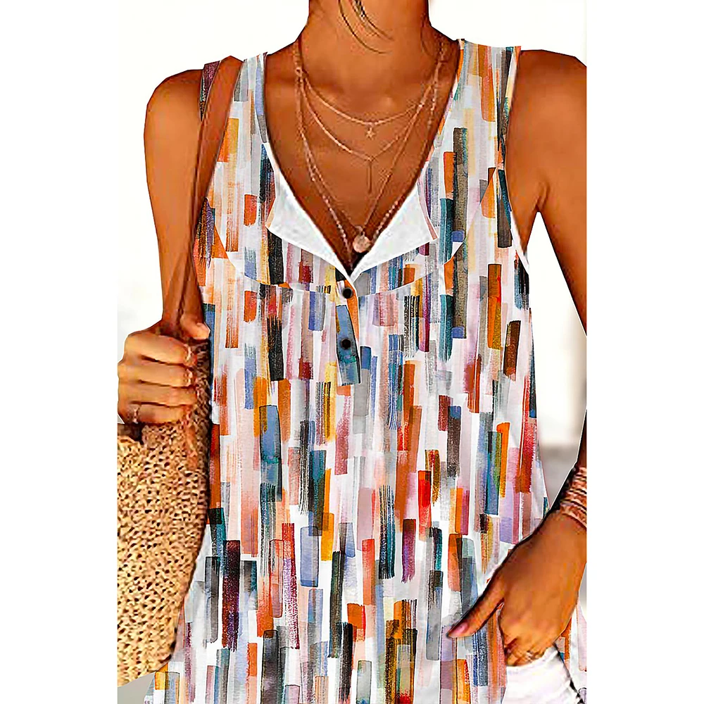 Plus Size Casual Multicolor Block Print Button Tank Top