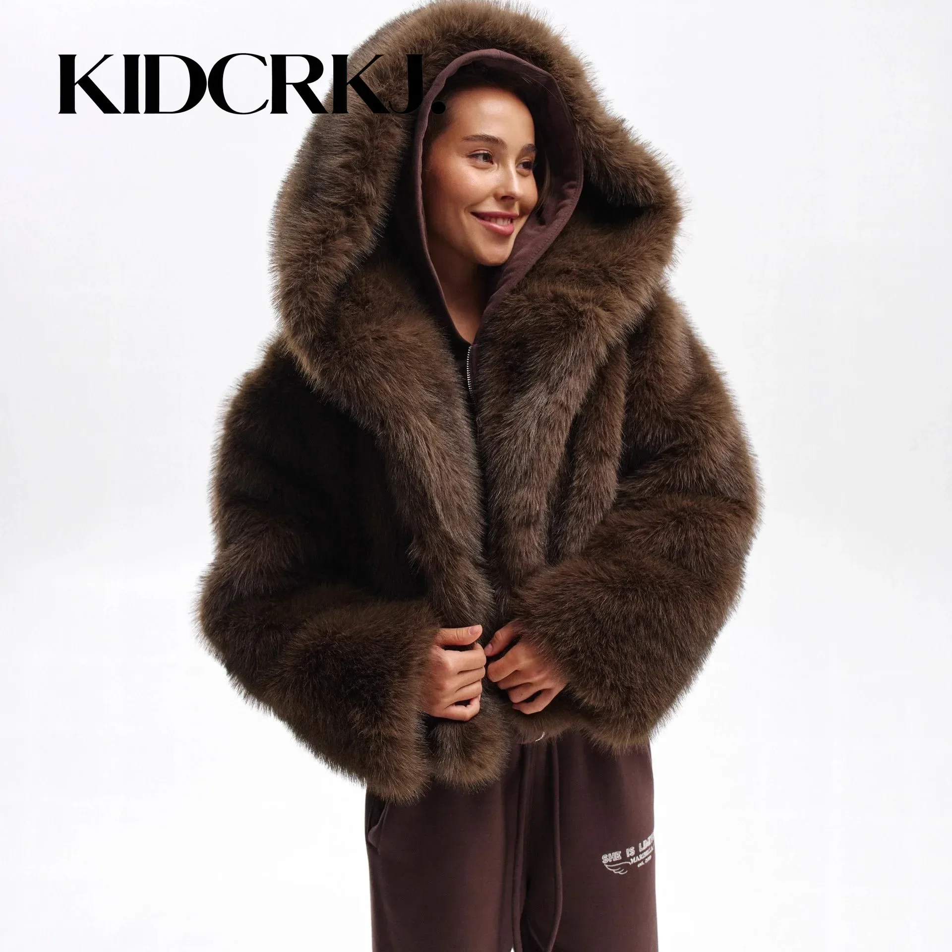 KIDCRKJ Winter Women Faux Fur Short Coats Solid Hooded Jackets Long Sleeves Covered Button Thick Straight Office Lady Casual