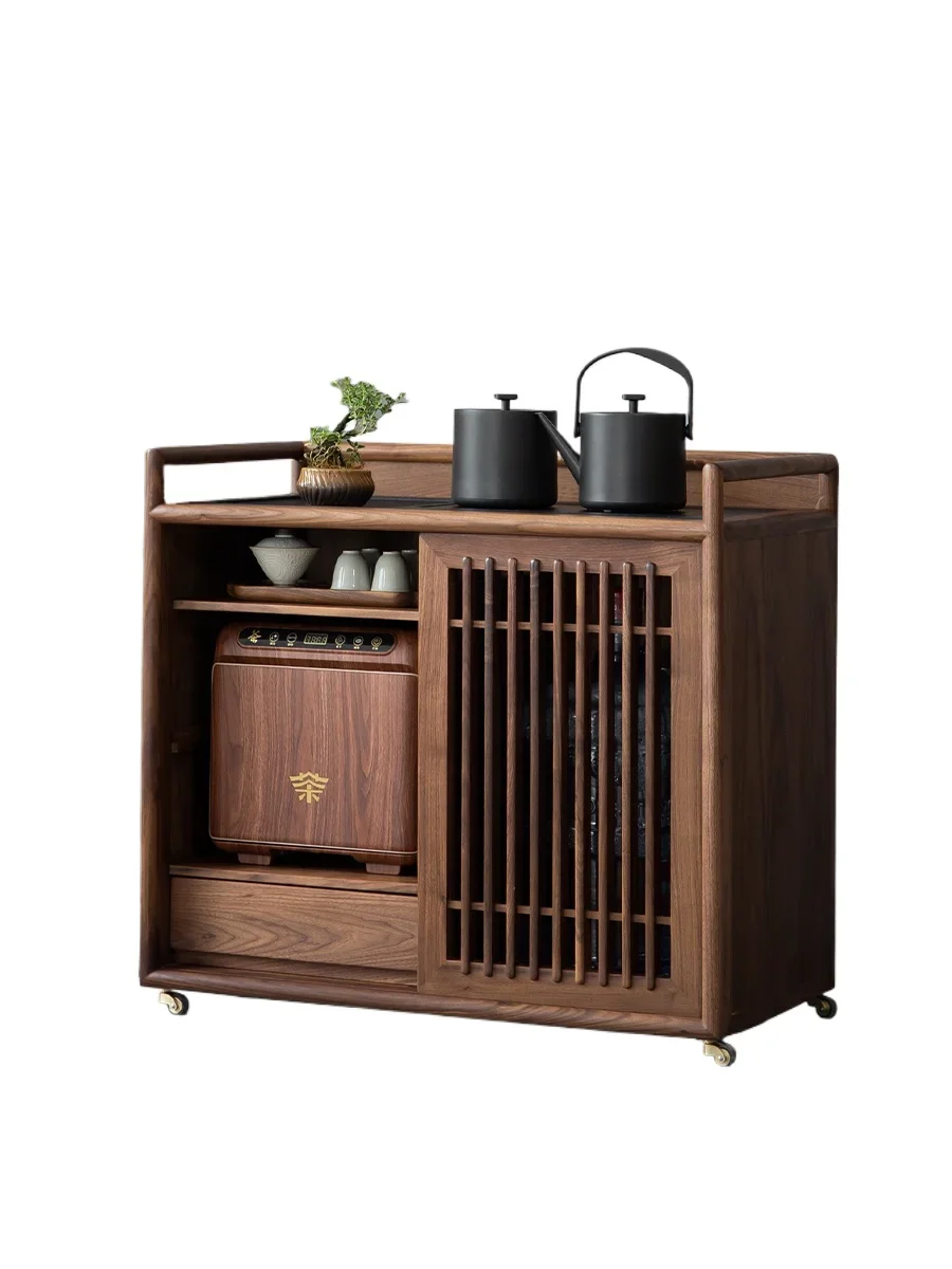 Mobile tea cabinet rack New Chinese side cabinet Black walnut solid wood tea cabinet Kettle integrated