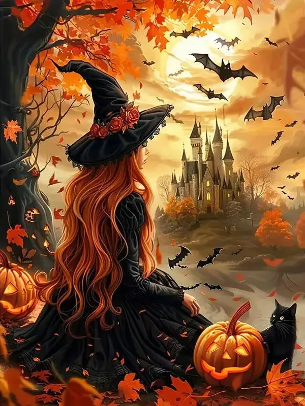 DIY Autumn Witch Pumpkin Black Cat Diamond Painting Full Round/Square Diamonds Mosaic Handmade Art Exquisite Gift Home Decor