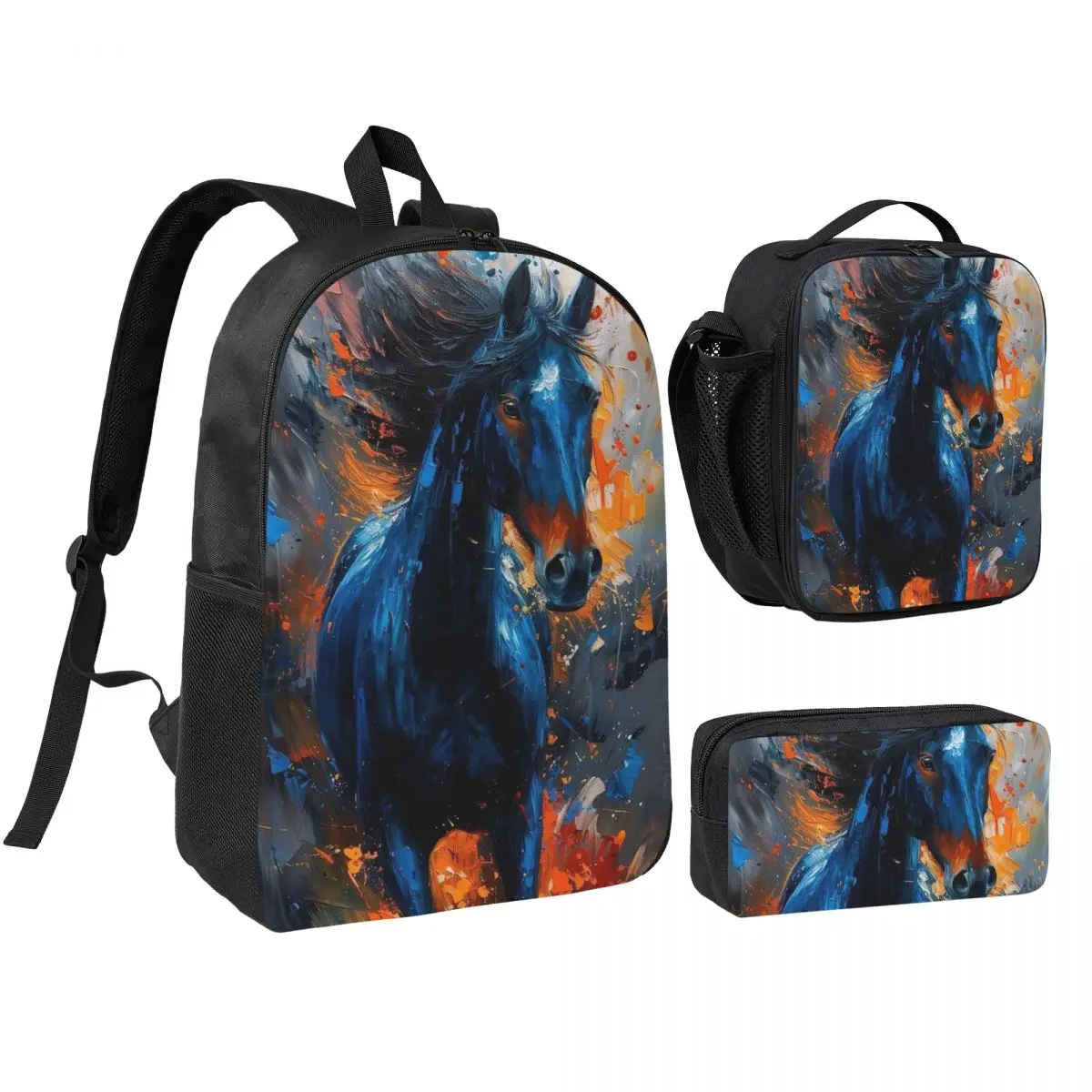 Wild Horse Oil Painting Colour Backpack Student BookBag School Bag Shoulder Bags 3ps Insulated Lunch Bag Pencil Case