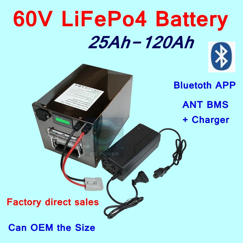 60V 25Ah  30Ah 40Ah 80Ah 100Ah 120Ah lifepo4 Lithium battery with Bluetooth APP BMS for 4000W 6000W E-Scooter motorcycle+charger