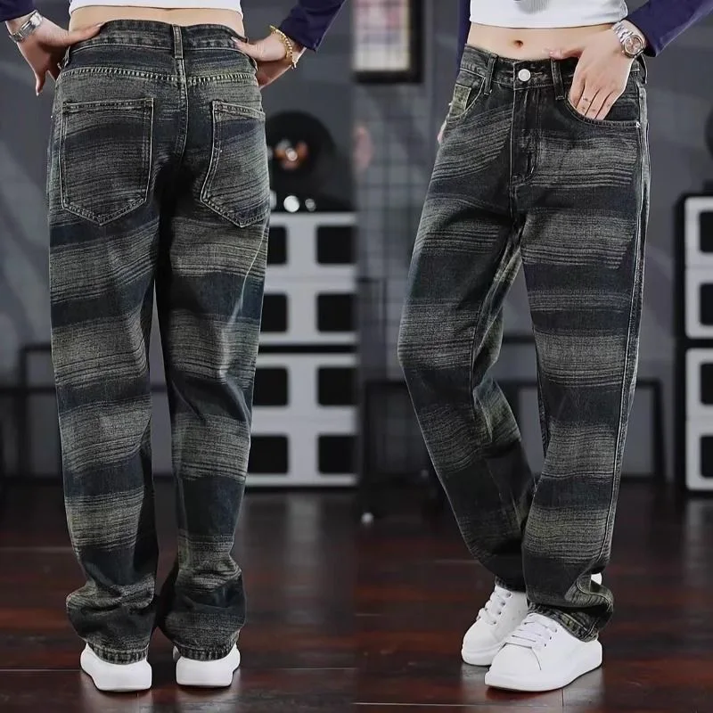 

New Spring/Autumn Fashion Trendy American Style Striped Straight Leg Stretch Denim Jeans Men's Casual Loose Fit Sports Trousers