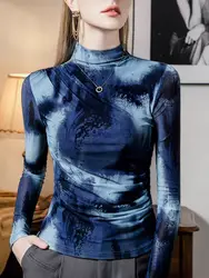 Size S-3XL New Vague Printing Mesh T-shirt Women's Half High-Neck Long Sleeve Stretch Light Fabric Folds Tees Tops