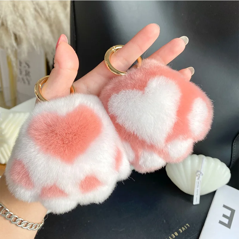 

Mini Plush Cat Paw Keychains Furry Rex Rabbit Fur Key Rings Hanging Pendant Key Holder Charm Bags Decor Ornaments Car Trinket