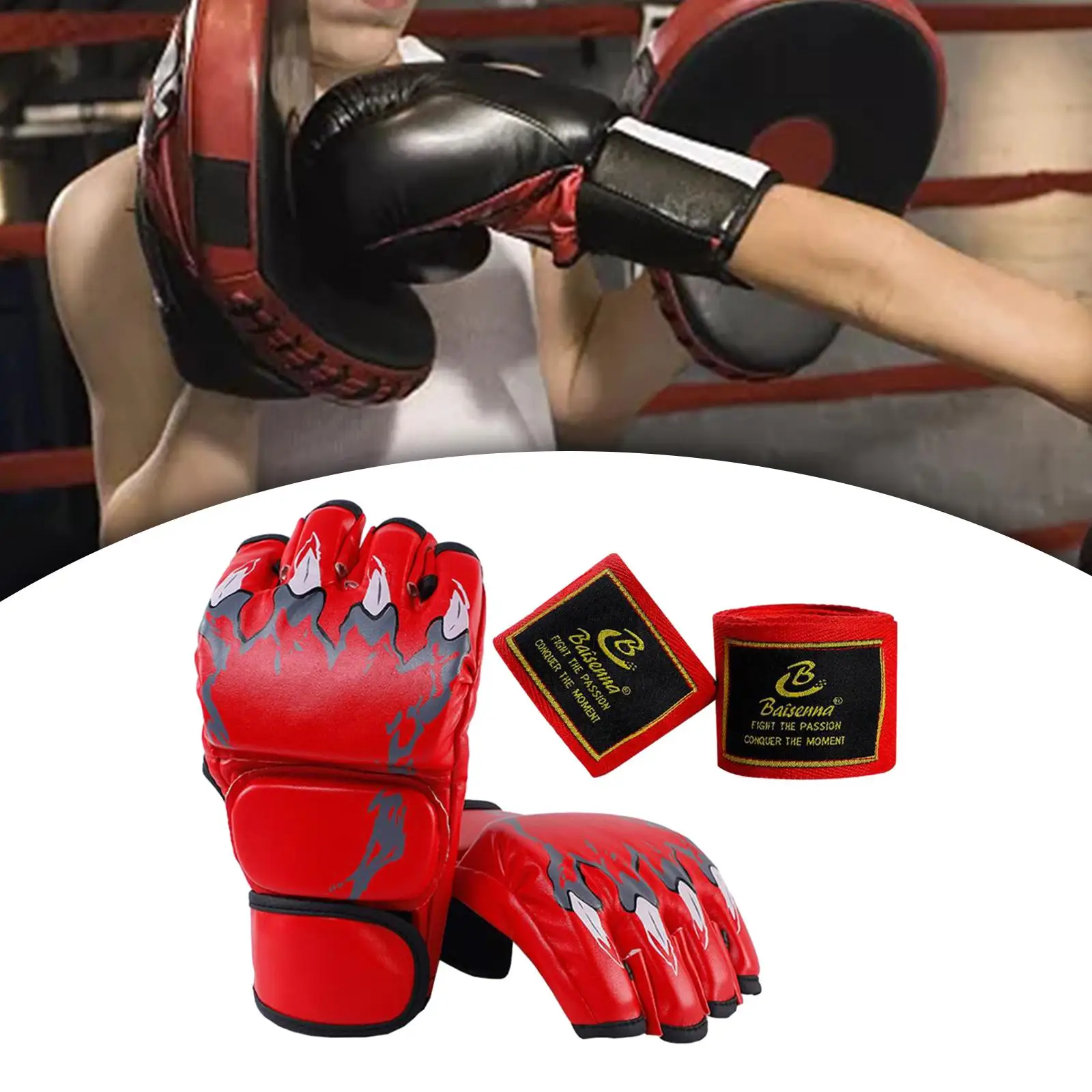 Half Finger Boxing Gloves Sparring Gloves Mitts for Adults Open Palms Hand Wrap Boxing Fight Gloves MMA Gloves for Kickboxing