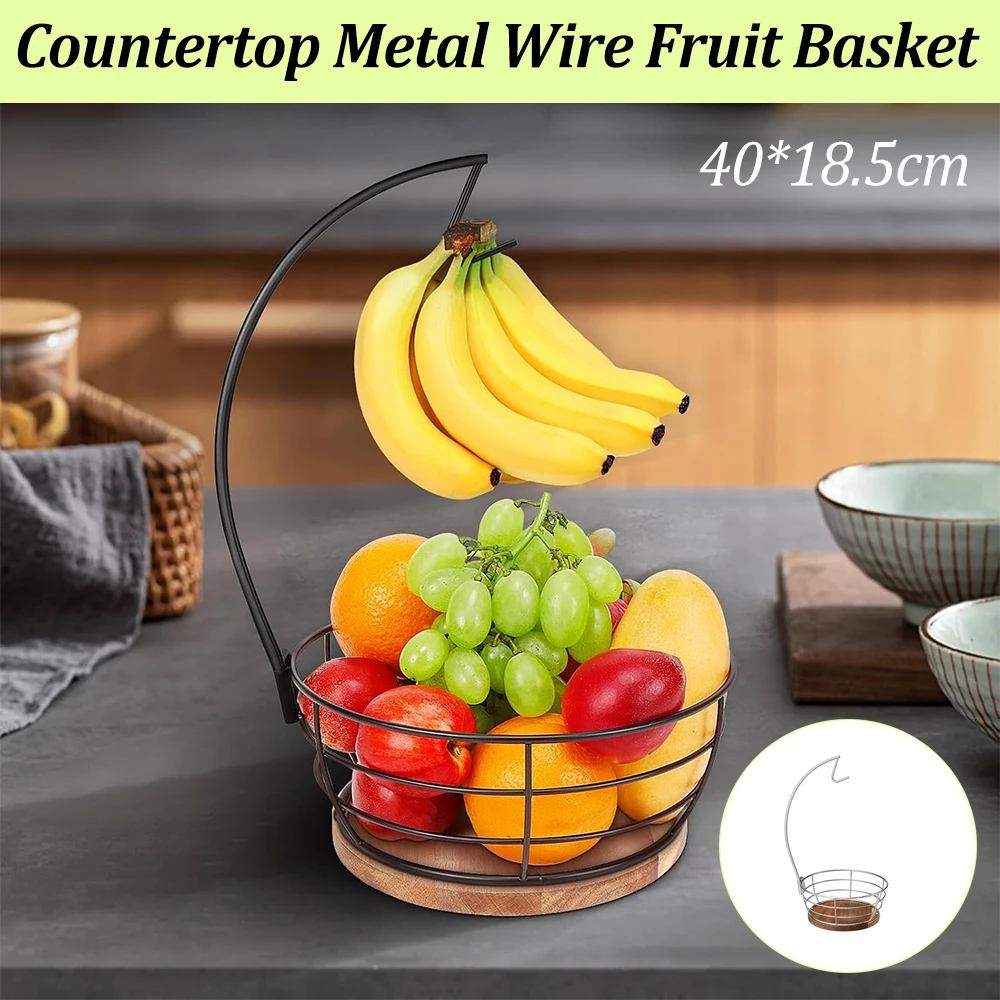 Countertop Metal Wire Fruit Basket with Banana Hanger Wooden Base Modern Fruit Vegetable Storage Bowl Kitchen Dining Table Decor