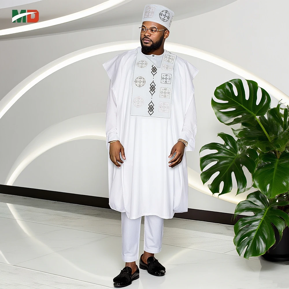 MD Африканский мужской традиционный комплект одежды Agbada, белый кафтан с вышивкой, брюки в тон и кепка, 3 предмета для свадебных фестивалей