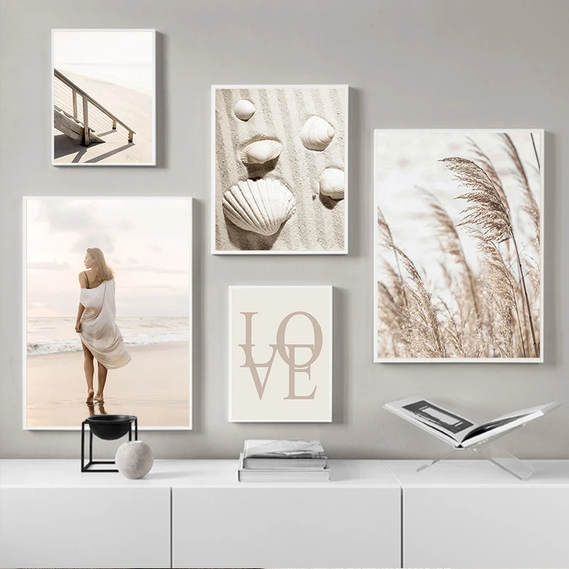 Beige Beach Girl Shell Nordic Canvas Wall Art Print Poster Landscape Leaf Reed Decor Painting Elegant Pictures for Living Room