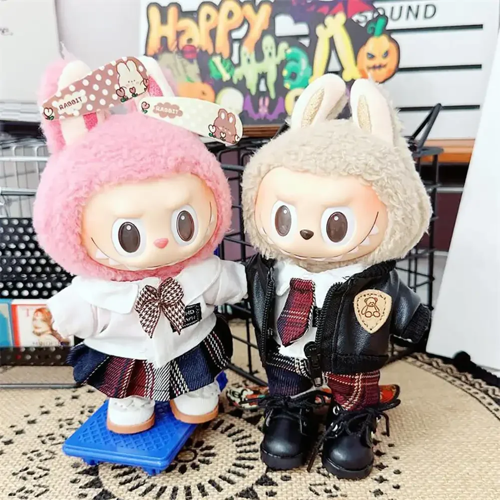 Mini Plush Doll Clothes, Outfit Acessórios para Coréia Kpop Exo Labubu Idol Dolls, Conjunto De Jaqueta De Couro, Presente, 17cm