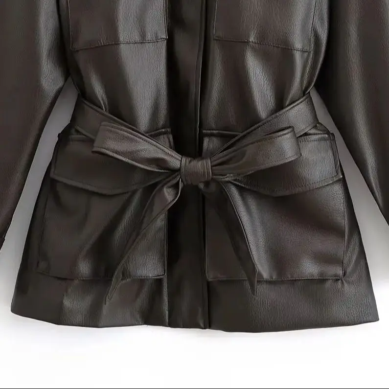 Diyigwoman autumn 2025 new fashion imitation leather with belt jacket retro long sleeve Joker lapel coat Outerwear Mujer