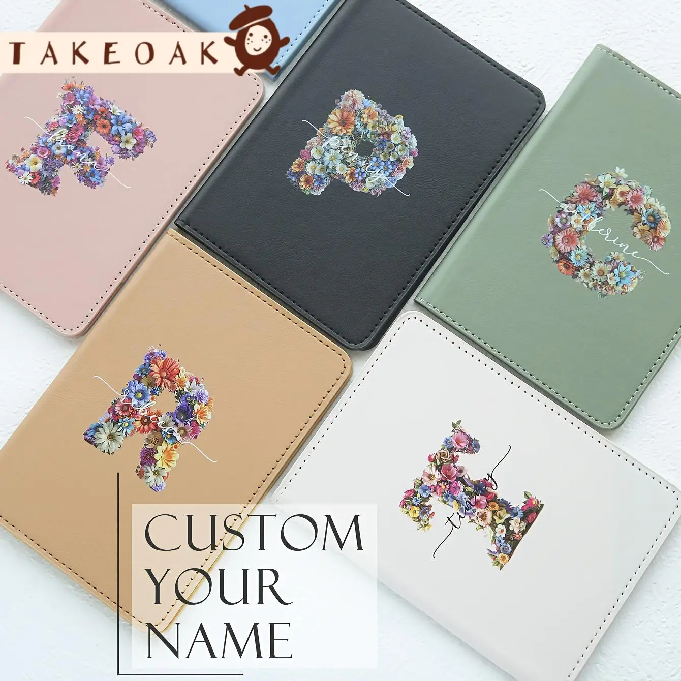 Personalized Watercolor Floral Initial Script Name Leather Passport Holder Solid Macaron Travel Wallet Custom travel Gift