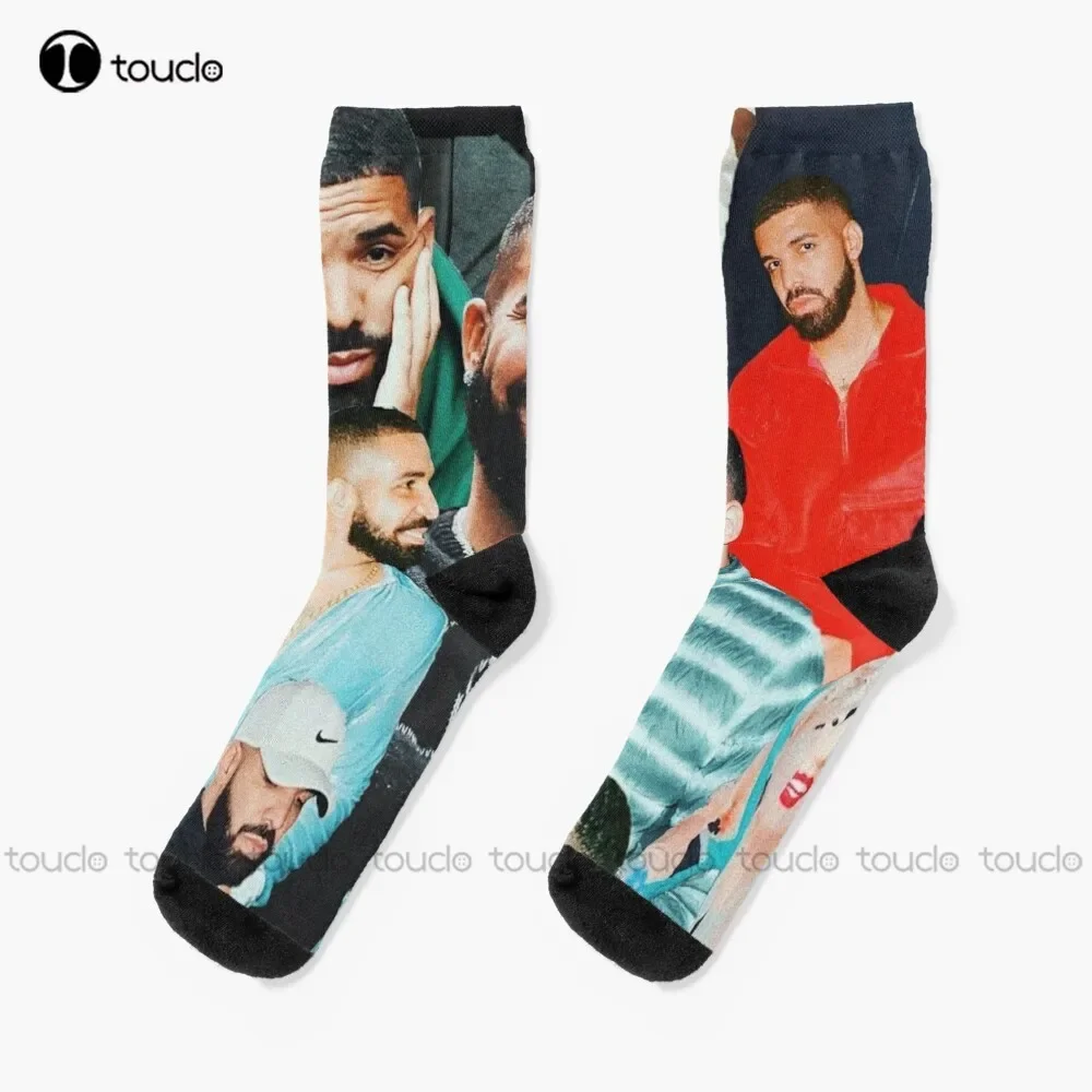 Drake Collage Hip Hop Socks White Soccer Socks Christmas Gift Unisex Adult Teen Youth Socks Custom 360° Digital Print Women Men